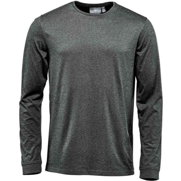 A long-sleeve, dark grey T-shirt featuring a logo. It has a classic fit and round neckline.