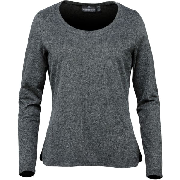A long-sleeve women's t-shirt in a dark grey melange fabric, featuring a rounded neckline and a logo.