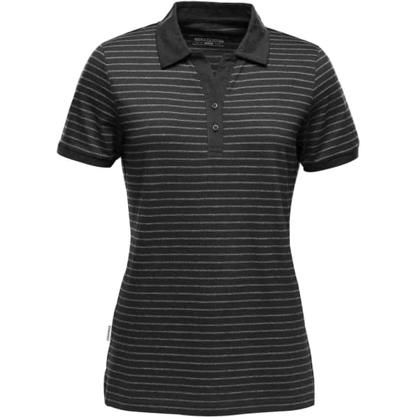 A black and grey striped women's polo shirt featuring a classic collar and a logo.
