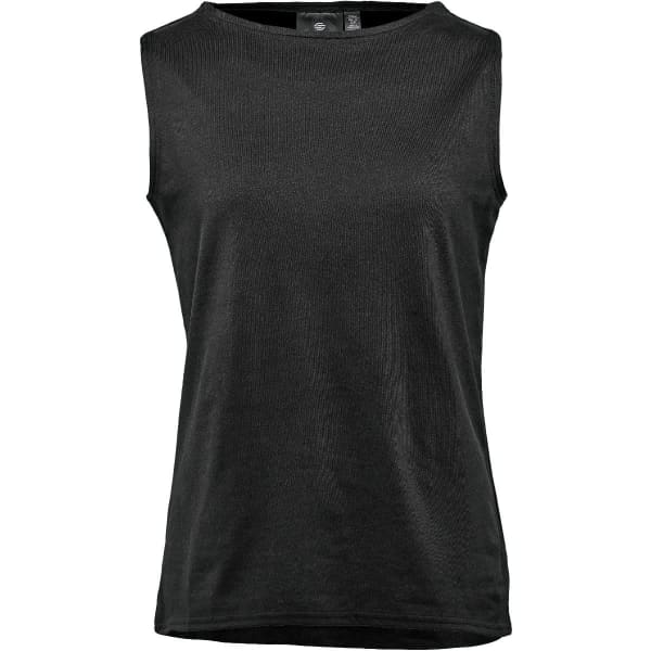 A black women's tank top with a sleeveless design and a simple round neckline. It features a logo on the label.