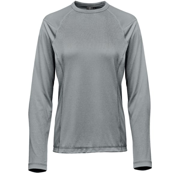 A long-sleeve women's T-shirt in ash heather, featuring a round neckline and raglan sleeves, with a logo.