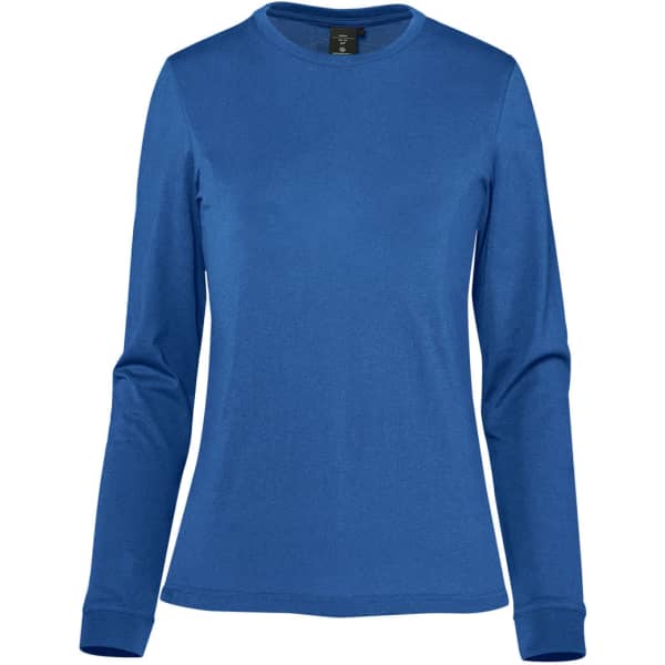 A long-sleeved women's t-shirt in vibrant blue with a fitted design and a logo on the tag.