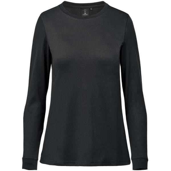 A black long-sleeve women's tee with a rounded neckline and fitted sleeves, featuring a branded label inside.