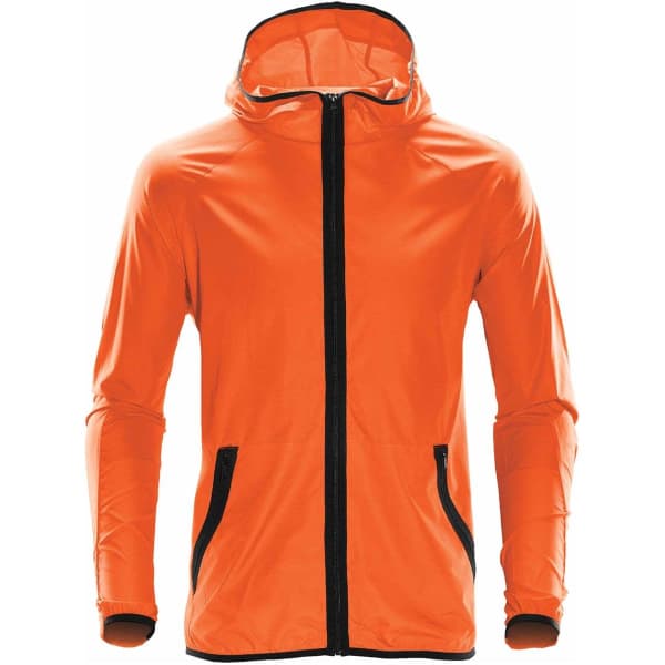An orange hooded soft shell jacket with black zippered pockets and a front opening. It features a logo on the chest.