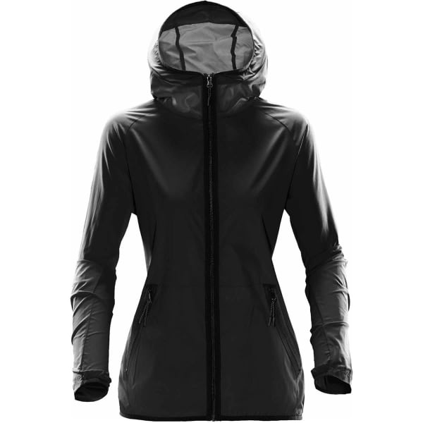 A women's hooded soft shell jacket in black, featuring a zip front and two side pockets. It has a logo on the design.