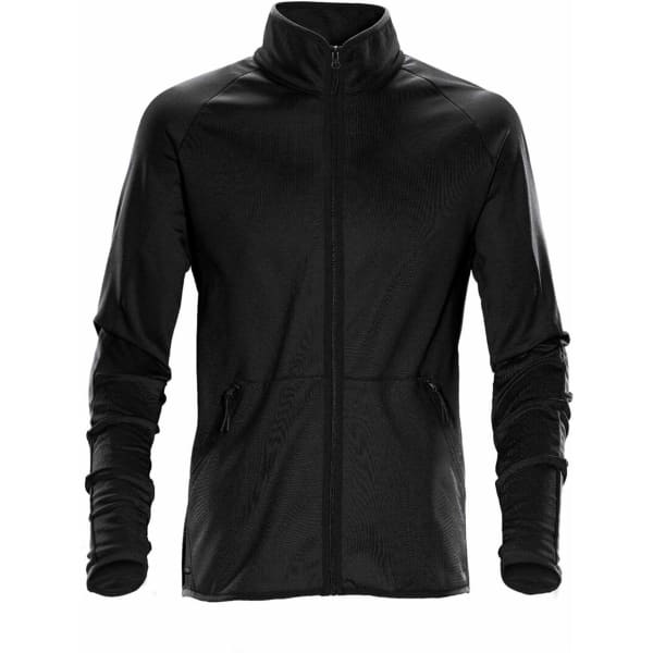 A black Men's Mistral fleece jacket featuring a full zip, high collar, and side pockets. It has a branding logo.
