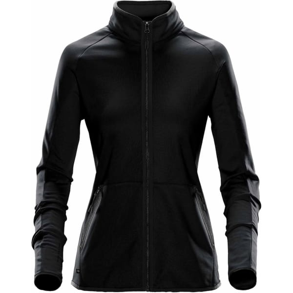 A black women's polar fleece jacket featuring a full zip, high collar, and side pockets with a branding logo.