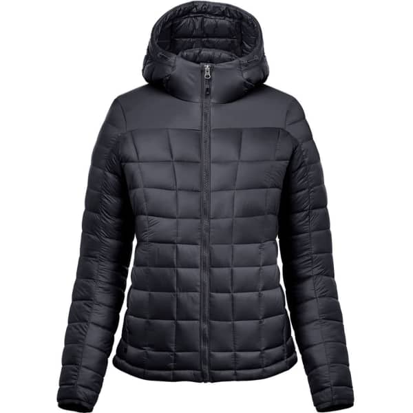 A women's black Tundra Thermal Jacket featuring a hood and a quilted design with a front zipper.