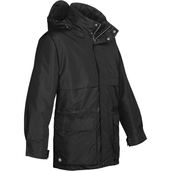 A black men's 3-in-1 jacket with a hood, featuring multiple pockets and a logo.