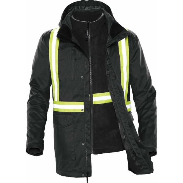 A dark green parka jacket featuring reflective stripes, with a zippered front and hood. It has a branding logo.