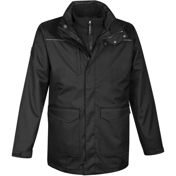 A black men's parka jacket featuring a zip front, multiple pockets, and a logo. Suitable for varied weather conditions.