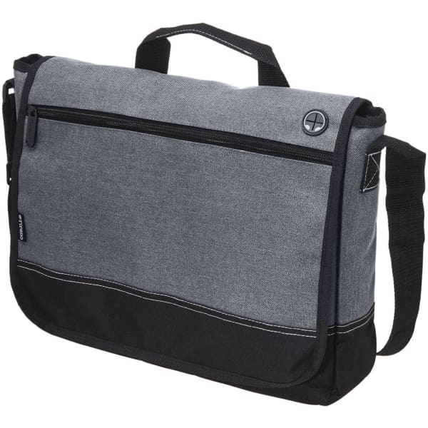 A grey and black laptop satchel with an adjustable strap and a front zip pocket. Features a logo on the side.