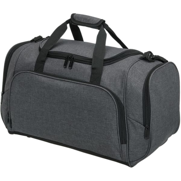 A grey duffle bag with dual handles and a zippered opening, featuring a logo and side pockets.