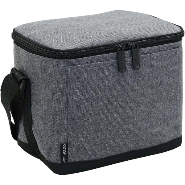A grey cooler bag with a zippered top and a carrying strap, featuring a logo on the side.