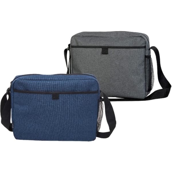 Two satchels in blue and grey with black straps, featuring mesh side pockets and a logo.