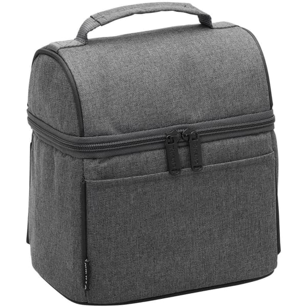 A cooler bag in carbon black with a zippered closure and a top handle, featuring one front pocket and branding.