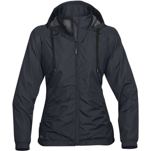 A women's rain jacket in dark navy with a hood and adjustable drawstrings. It features a zippered front and has a logo.