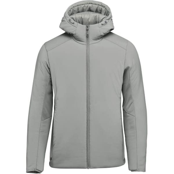 A light grey, hooded thermal jacket featuring a zip closure and a logo on the front.