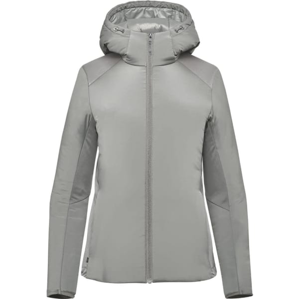 A grey women's thermal jacket with a hood and zipper, featuring a logo on the front.