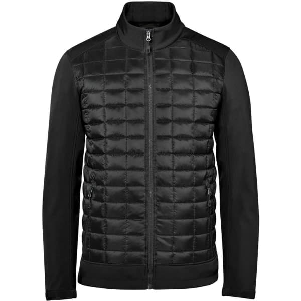 A black thermal jacket with a quilted front and smooth sleeves, featuring a zip closure and a collar.