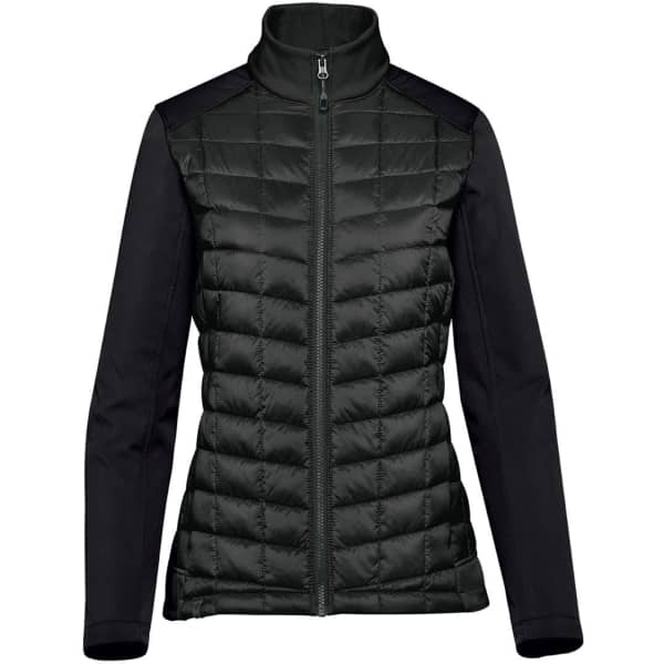 A black women's puffer jacket featuring a zip front and a high collar, with a logo on the chest.