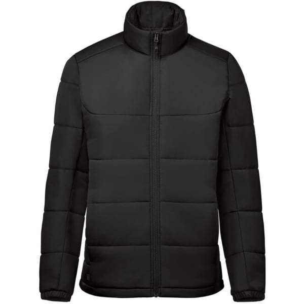 A black puffer jacket with a high collar and zip front, featuring a branded logo on the side.