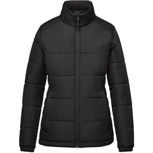 A women's black thermal jacket with a zip front and a high collar, featuring a logo on one side.