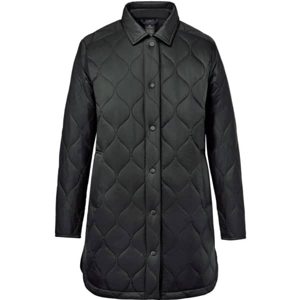 A black padded shacket featuring a quilted design and button-up front, with long sleeves and a collar.
