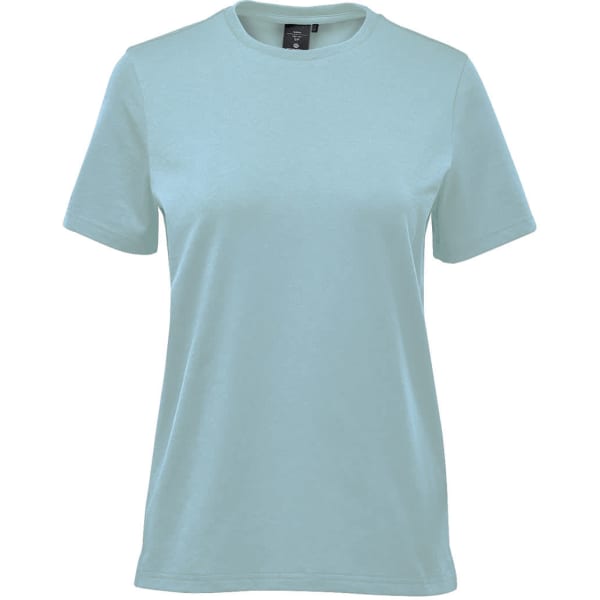 A light blue women's t-shirt with short sleeves and a casual fit, featuring a logo on the label.