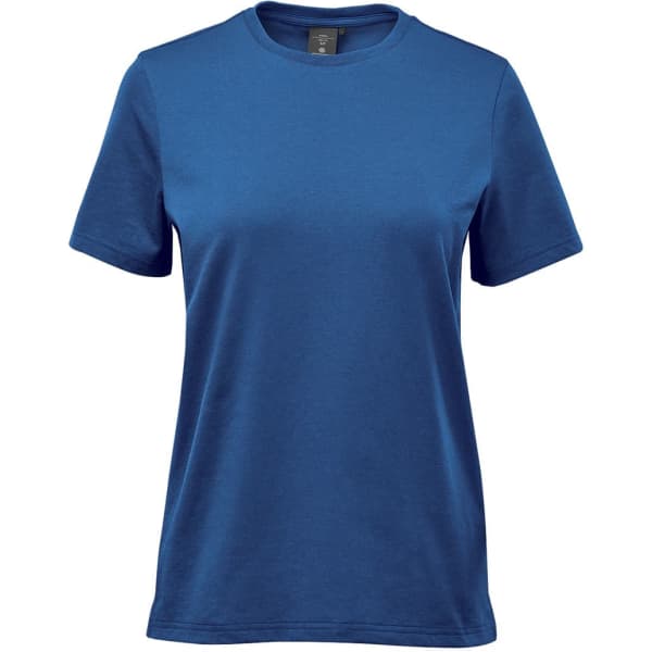 A blue women's short-sleeve t-shirt with a classic fit and a logo on the front.