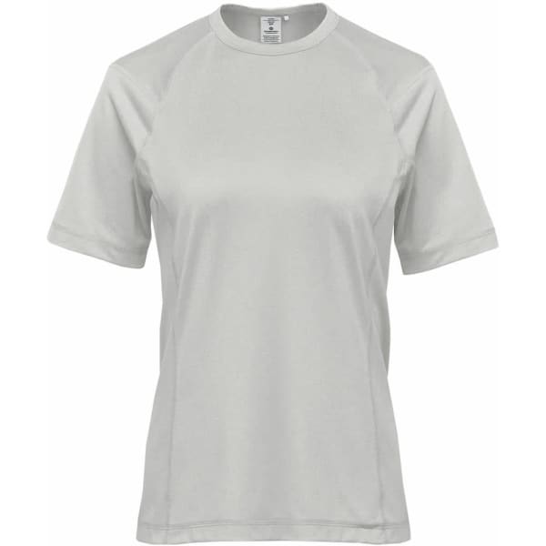 A light grey women's t-shirt with short sleeves and a simple design, featuring a branding logo.