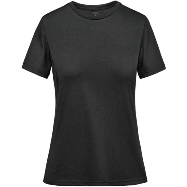A black women's t-shirt with short sleeves and a round neckline, featuring a branding logo.