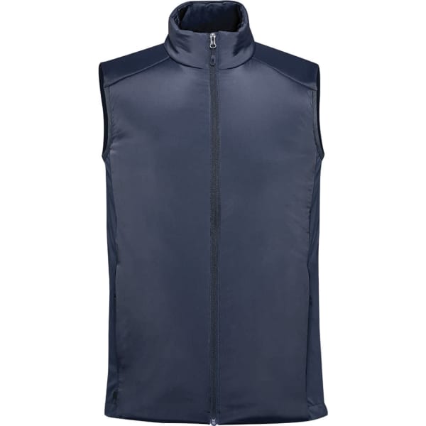 A navy thermal vest featuring a high collar and zip-up front, designed for men's wear. It has a logo on it.