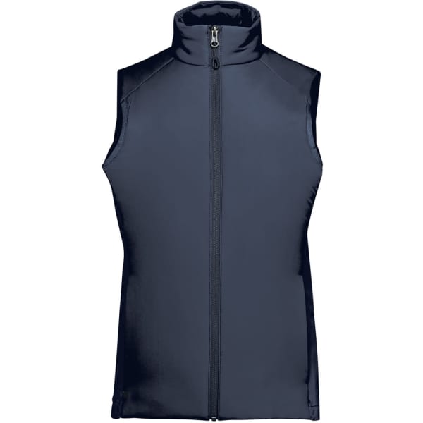 A women's thermal vest in navy blue, featuring a high collar and a front zipper, with a logo on the side.