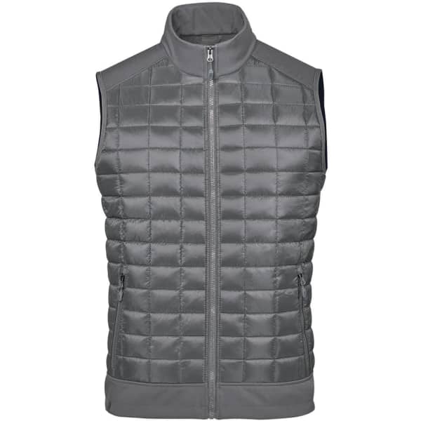 A grey thermal vest with a quilted design, featuring a front zipper and two side pockets. Equipped with a logo.