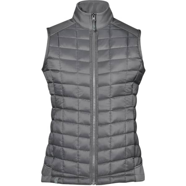 A grey women's thermal vest with a zip front and a quilted design. It features a collar and has a logo.