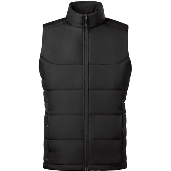 A black thermal vest with a high collar and zippered front. It features a padded design.