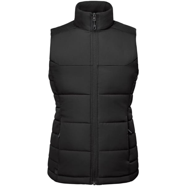 A black thermal vest featuring a high collar and zip front, designed with padded sections and side pockets.