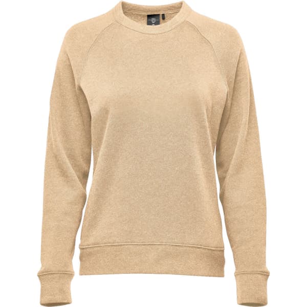 A beige crew neck jumper with raglan sleeves and fitted cuffs, featuring a logo on the front.