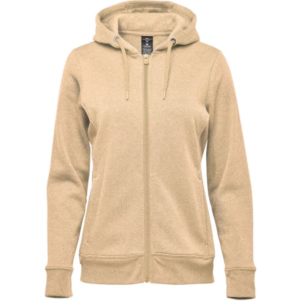 A women's zip hoody in a soft beige colour featuring a hood and front zipper. It has a logo on the design.