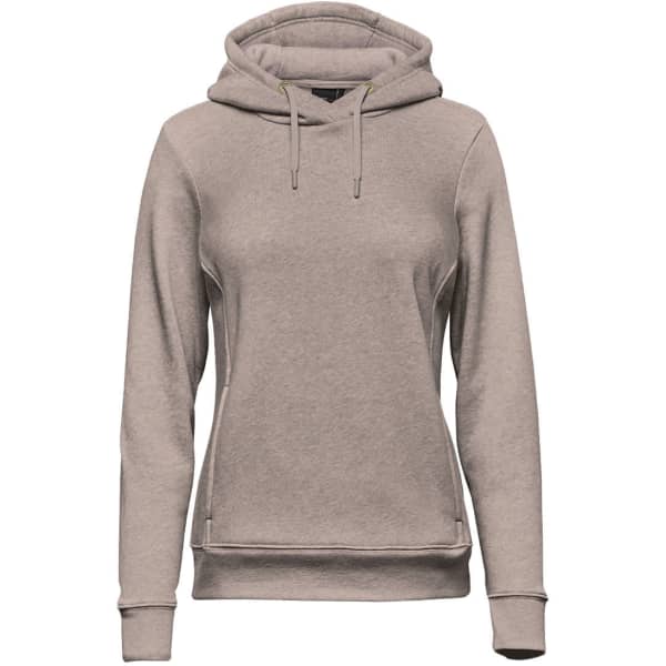A women's hoodie in a light beige colour, featuring a hood and a simple design with a logo.