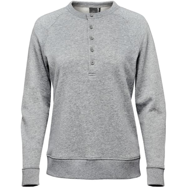 A grey women's pullover henley shirt with a buttoned neckline and long sleeves. It features a fitted waist and cuffs.