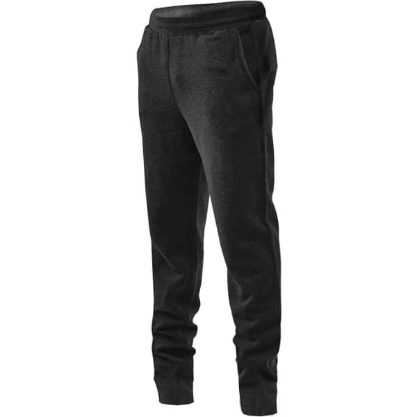 A pair of black fleece joggers with an elastic waistband and side pockets, showcasing a sleek design.