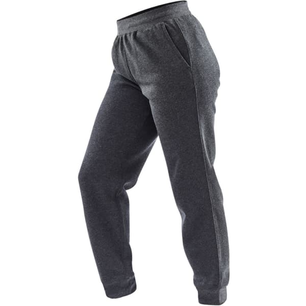 A pair of black women's fleece joggers with an elastic waist and tapered legs, featuring side pockets.