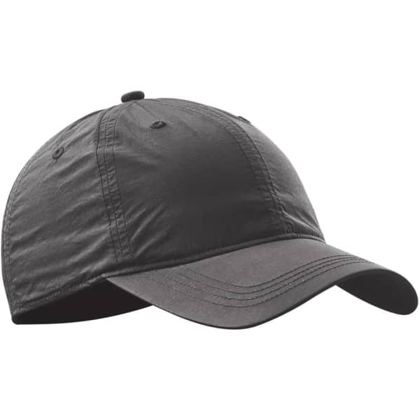 A black cap with a rounded crown and curved brim, featuring a logo on the front.