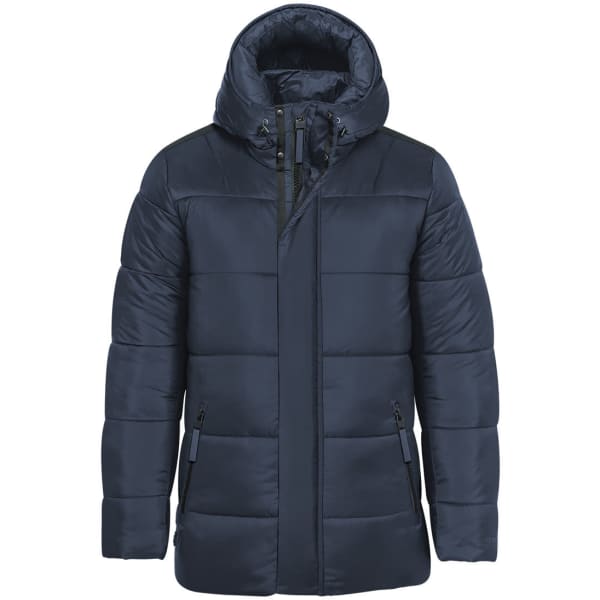 A navy blue puffer jacket with a hood, featuring zippered pockets and a sleek design. It has a branding logo.