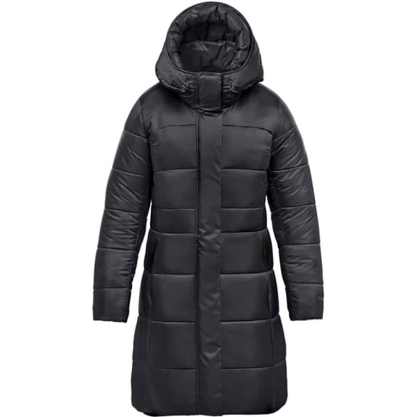 A Women's Elkridge Parka in dark green, featuring a hood and a quilted design. It has a modern, sleek look.