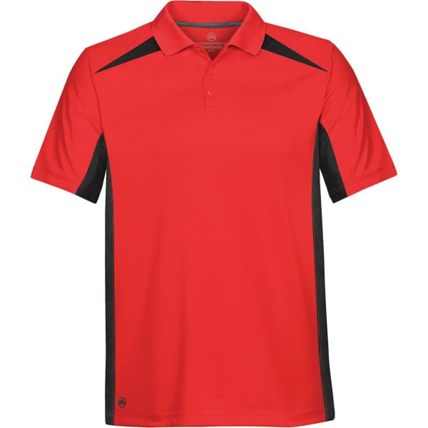A red polo shirt with black accents and a logo on the chest. Designed for a modern and sporty look.