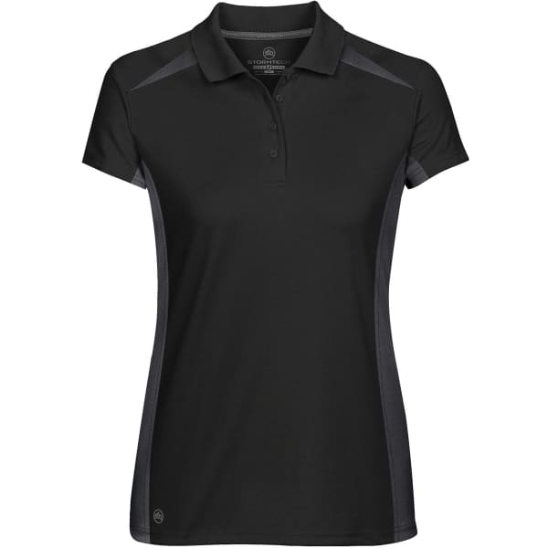 A black women's polo shirt with a sleek design and contrasting grey accents, featuring a logo.