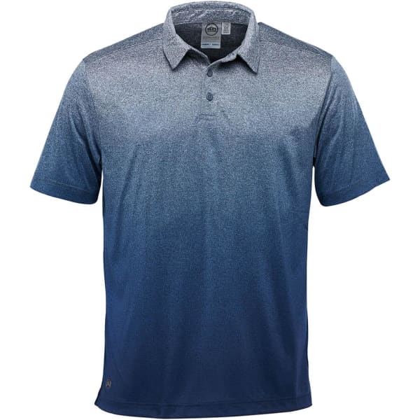 A blue gradient polo shirt featuring a collared design and a logo on the hem.